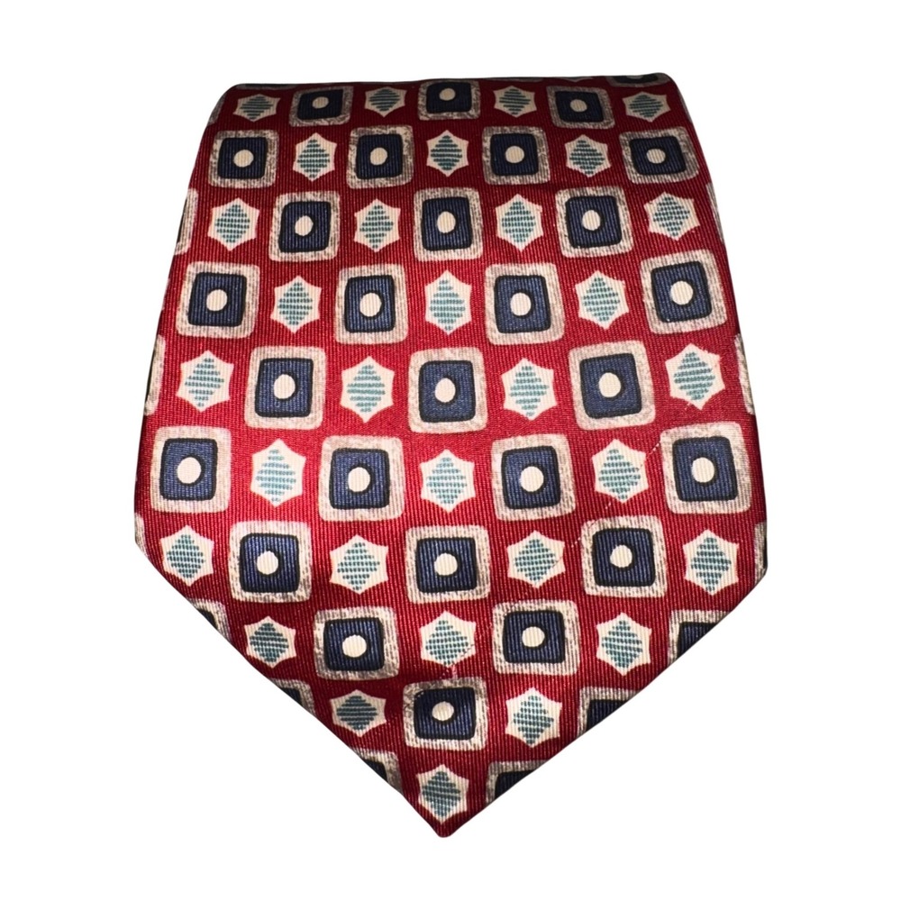 Architect Mens Silk Tie Red Navy Blue Geometric Square Pattern WPL 11403 Necktie